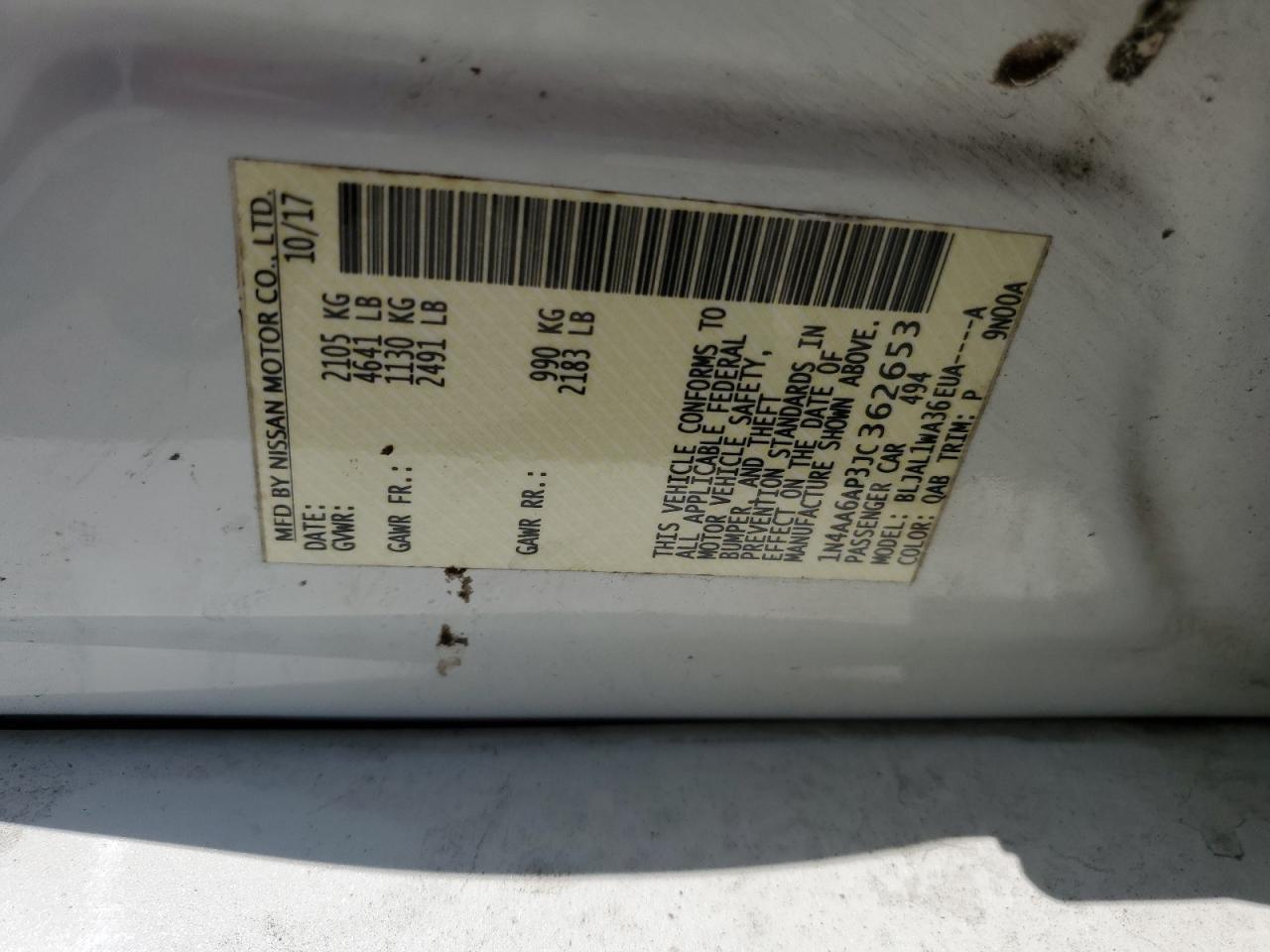 2018 Nissan Maxima 3.5S VIN: 1N4AA6AP3JC362653 Lot: 94738455