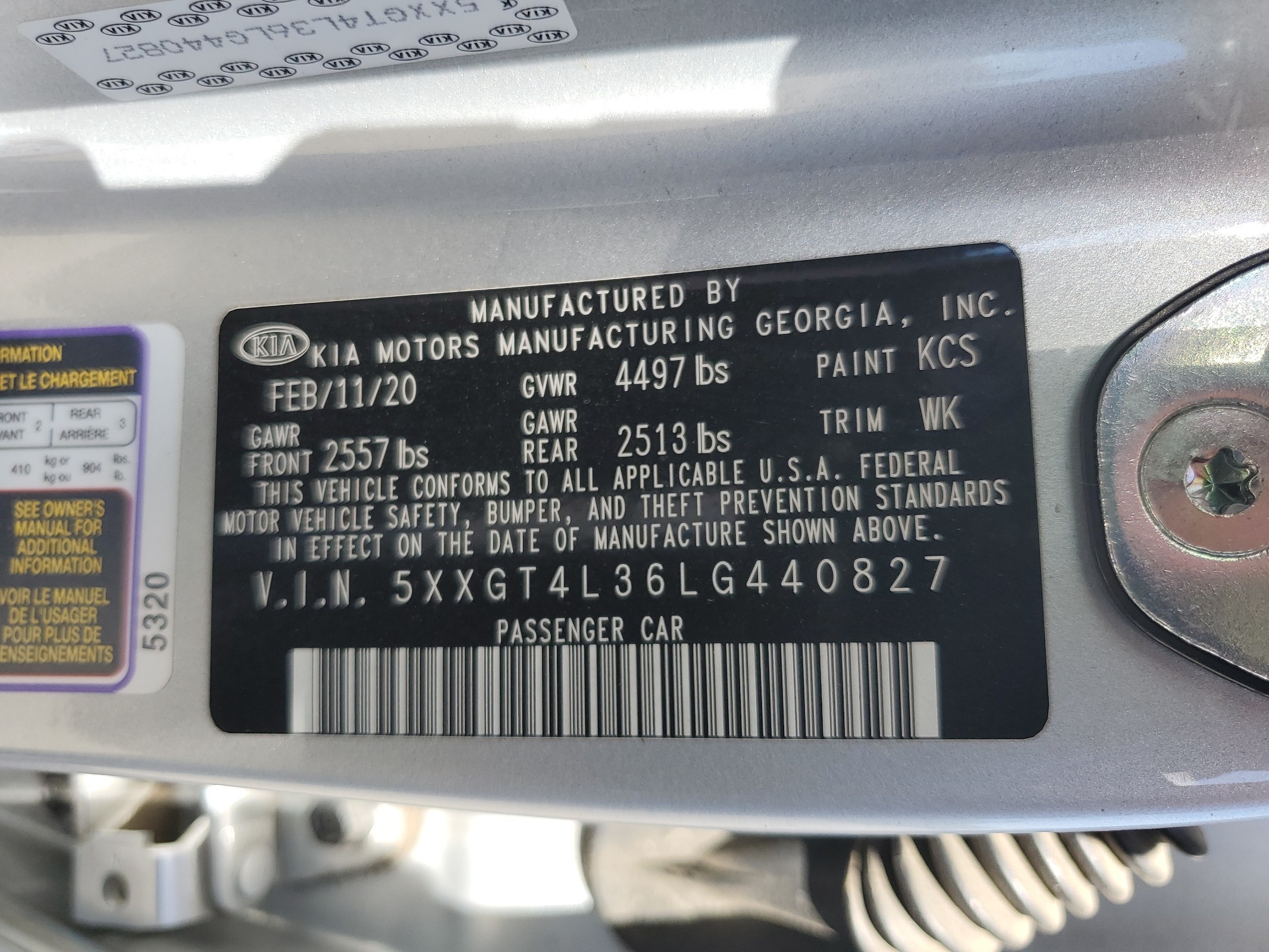 5XXGT4L36LG440827 2020 Kia Optima Lx