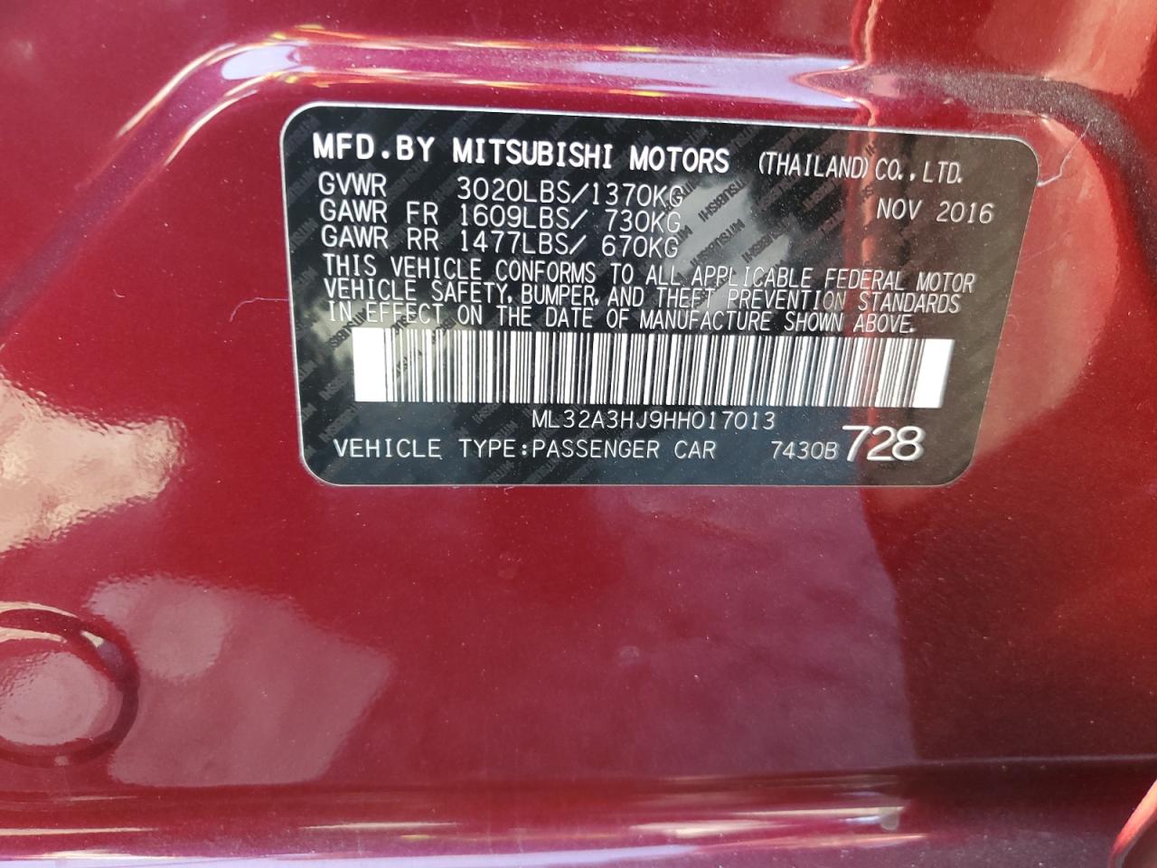 2017 Mitsubishi Mirage Es VIN: ML32A3HJ9HH017013 Lot: 65777494