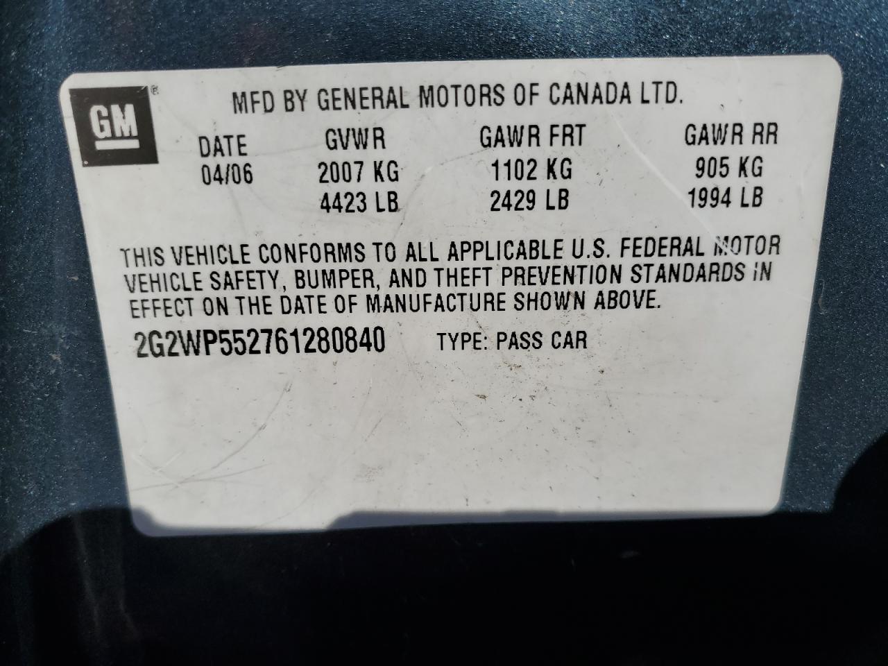 2G2WP552761280840 2006 Pontiac Grand Prix