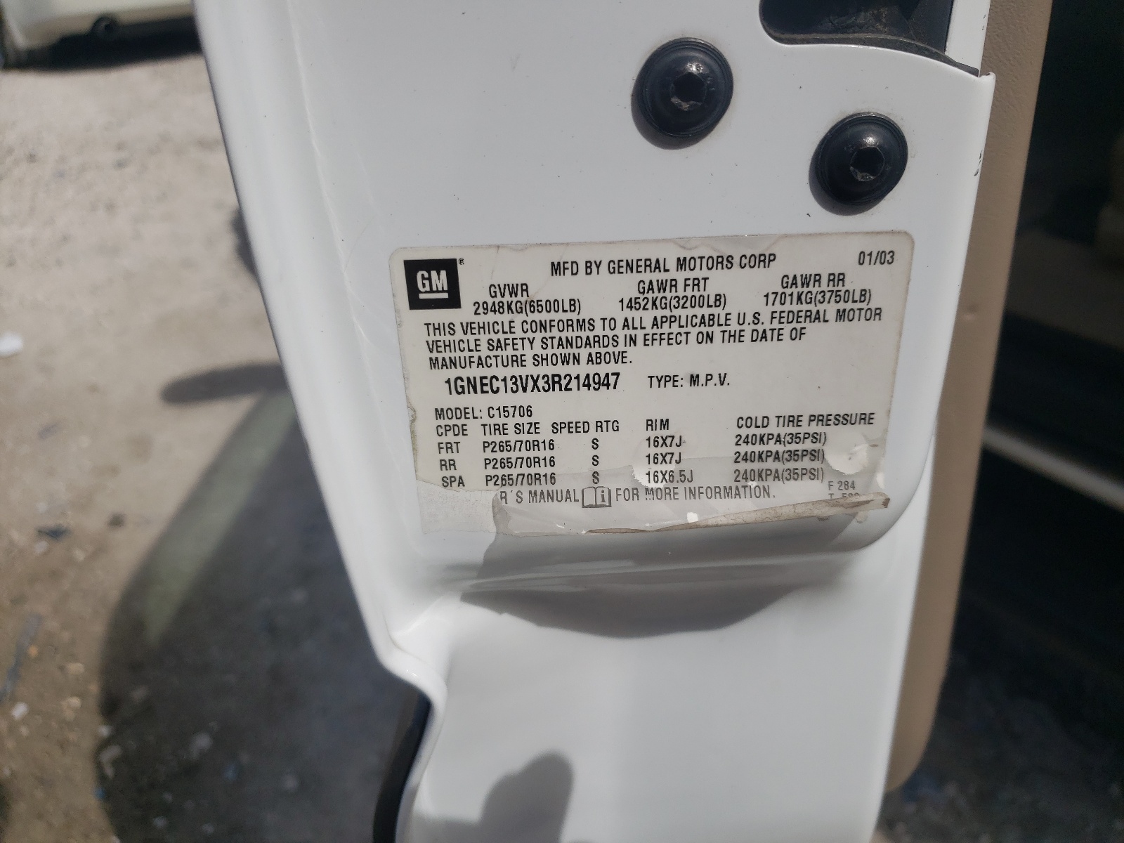 1GNEC13VX3R214947 2003 Chevrolet Tahoe C1500