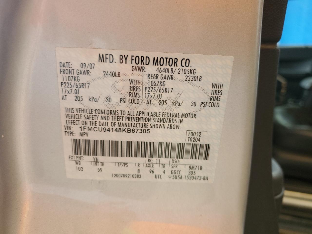 2008 Ford Escape Limited VIN: 1FMCU94148KB67305 Lot: 66758334