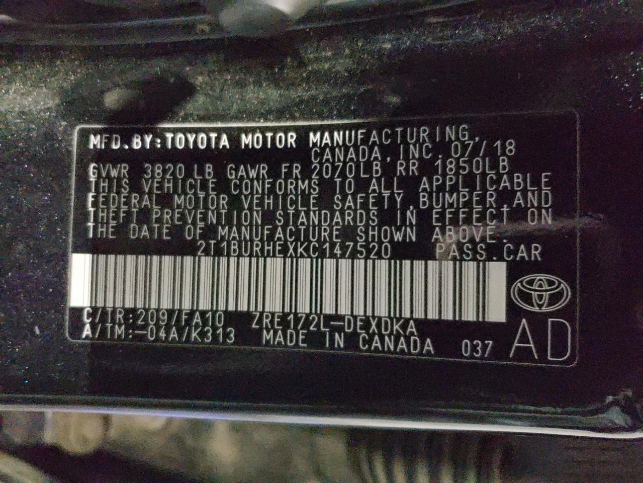 2019 Toyota Corolla L VIN: 2T1BURHEXKC147520 Lot: 67831484