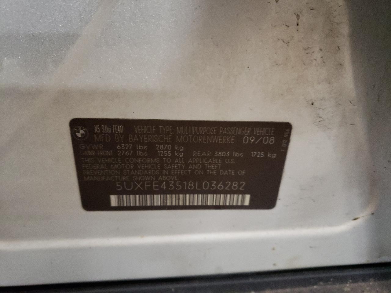 2008 BMW X5 3.0I VIN: 5UXFE43518L036282 Lot: 65785044