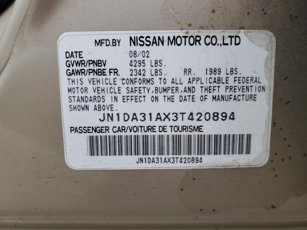 JN1DA31AX3T420894 2003 Nissan Maxima Gle