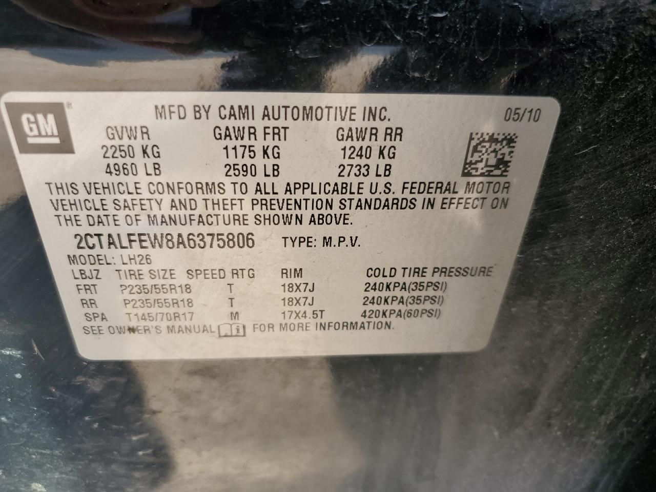 2CTALFEW8A6375806 2010 GMC Terrain Slt