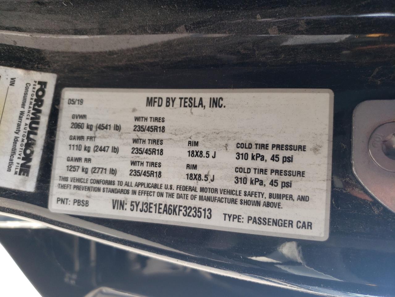 2019 Tesla Model 3 VIN: 5YJ3E1EA6KF323513 Lot: 66468464