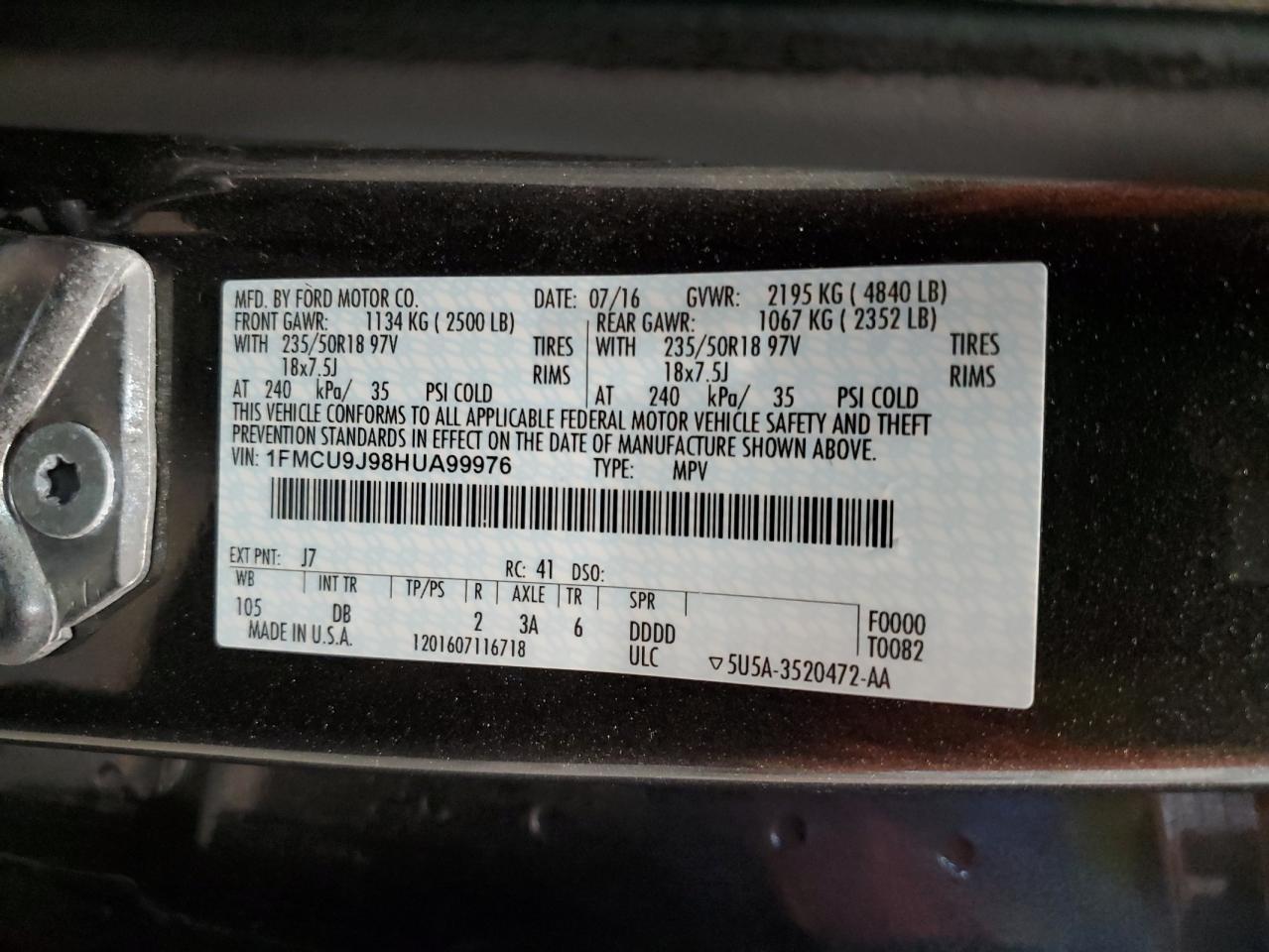 2017 Ford Escape Titanium VIN: 1FMCU9J98HUA99976 Lot: 64643014