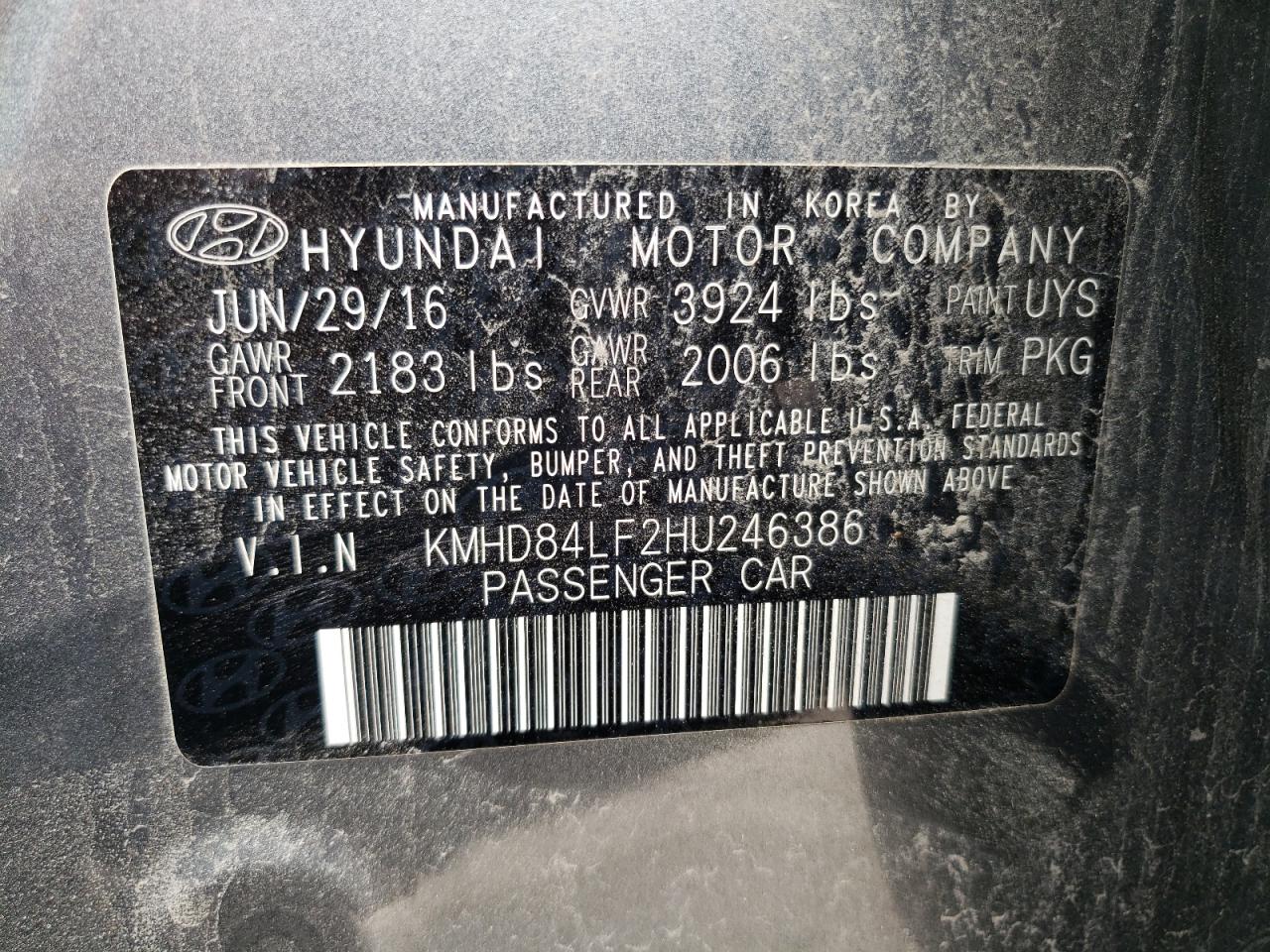 2017 Hyundai Elantra Se VIN: KMHD84LF2HU246386 Lot: 65426994