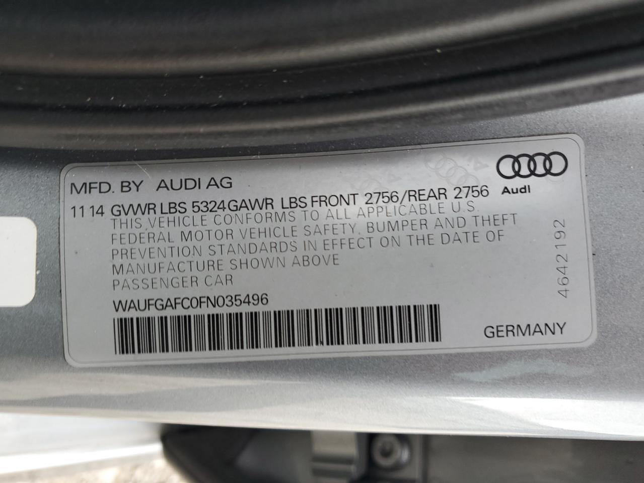 2015 Audi A6 Premium Plus VIN: WAUFGAFC0FN035496 Lot: 69649324