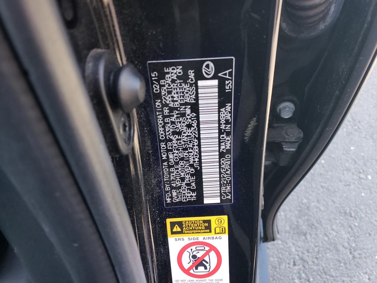 2015 Lexus Ct 200 VIN: JTHKD5BH6F2234619 Lot: 66199264