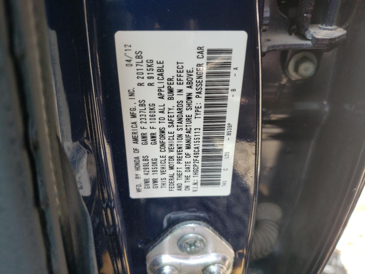 1HGCP2F49CA155113 2012 Honda Accord Lxp