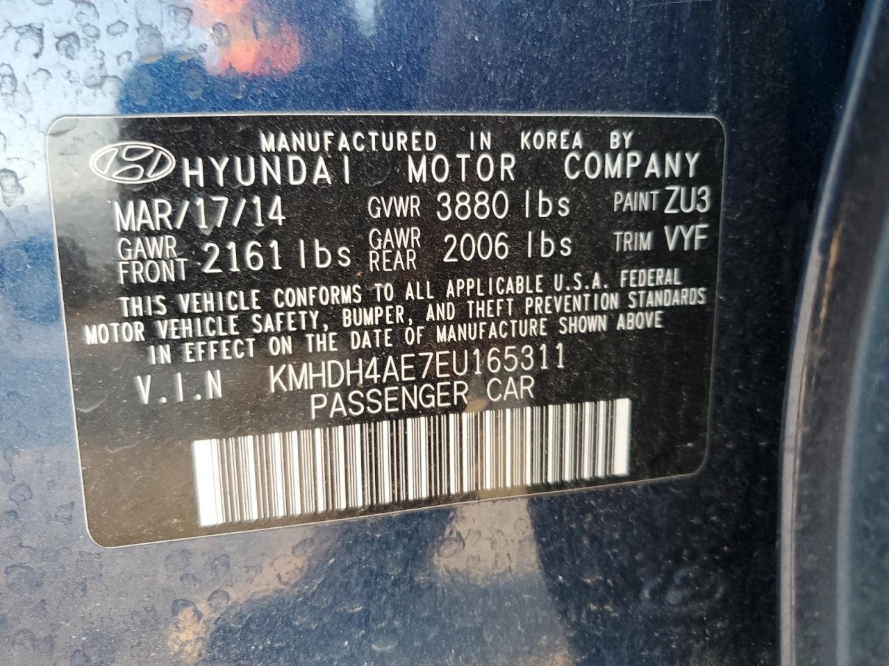 2014 Hyundai Elantra Se VIN: KMHDH4AE7EU165311 Lot: 66573884