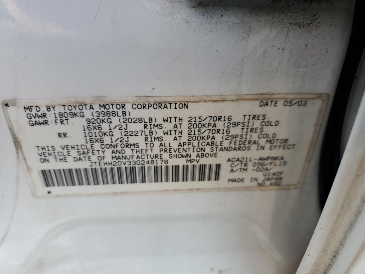 2003 Toyota Rav4 VIN: JTEHH20V330248178 Lot: 67276794