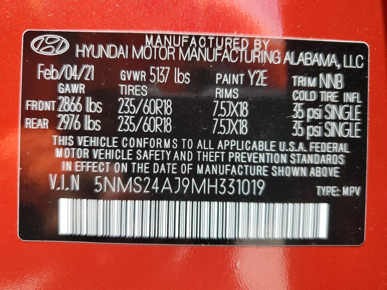 2021 Hyundai Santa Fe Sel VIN: 5NMS24AJ9MH331019 Lot: 65232674