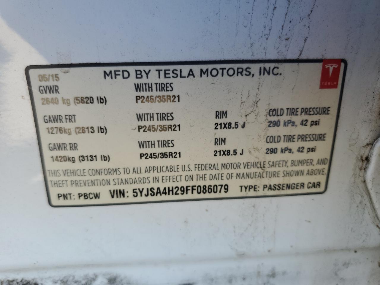 2015 Tesla Model S 85D VIN: 5YJSA4H29FF086079 Lot: 66690524