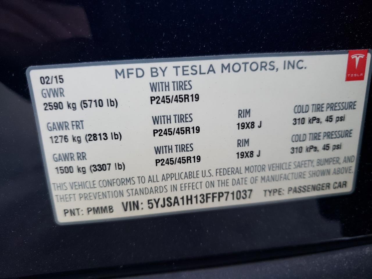 5YJSA1H13FFP71037 2015 Tesla Model S 85