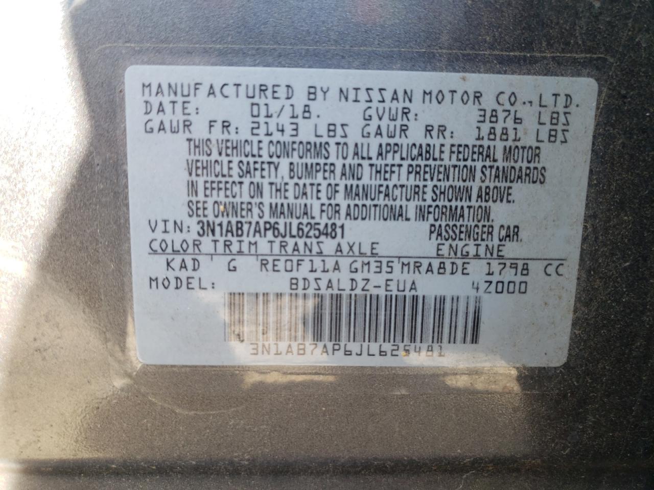 3N1AB7AP6JL625481 2018 Nissan Sentra S