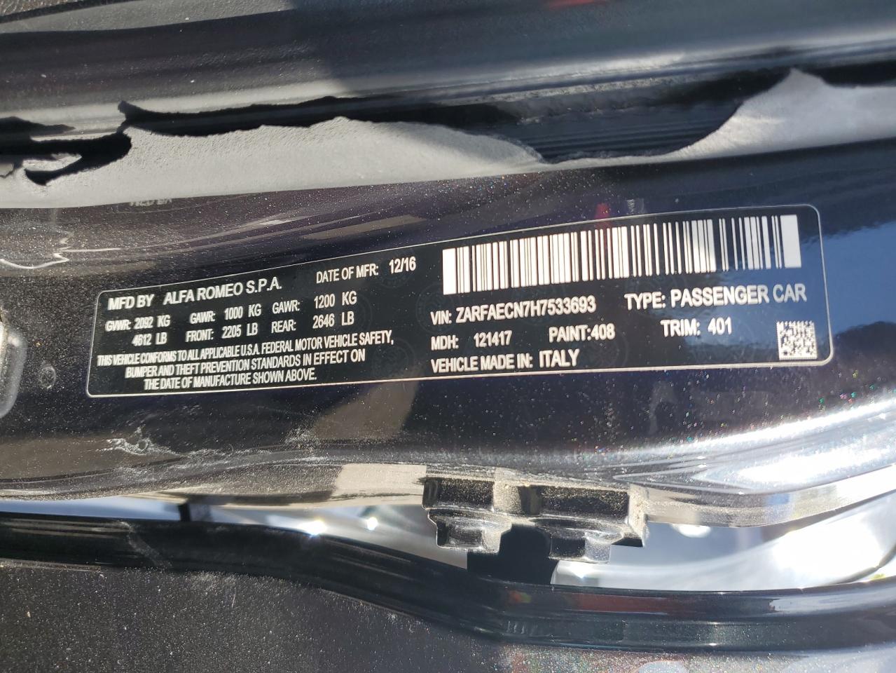 2017 Alfa Romeo Giulia Ti VIN: ZARFAECN7H7533693 Lot: 66210774