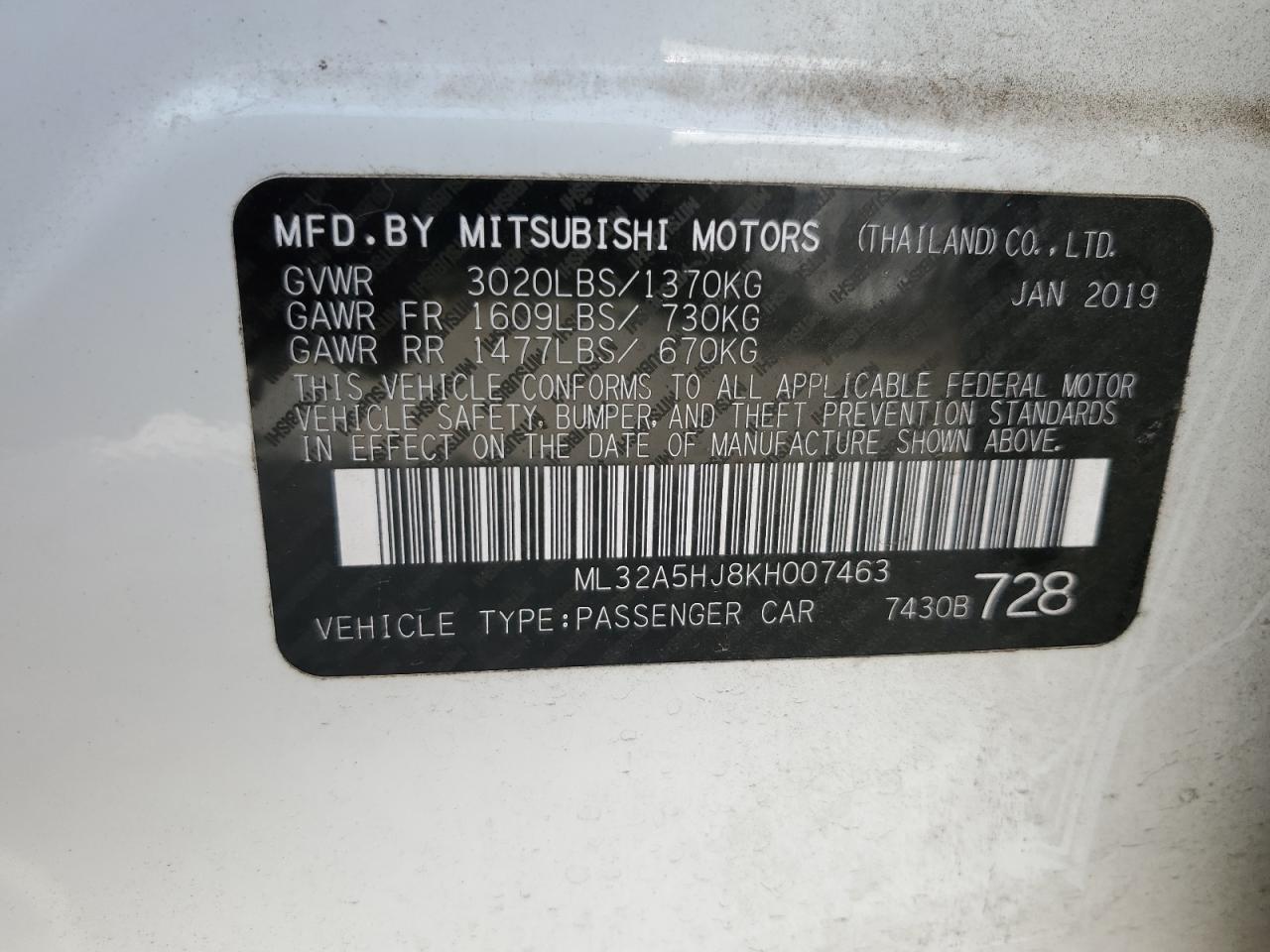 ML32A5HJ8KH007463 2019 Mitsubishi Mirage Le