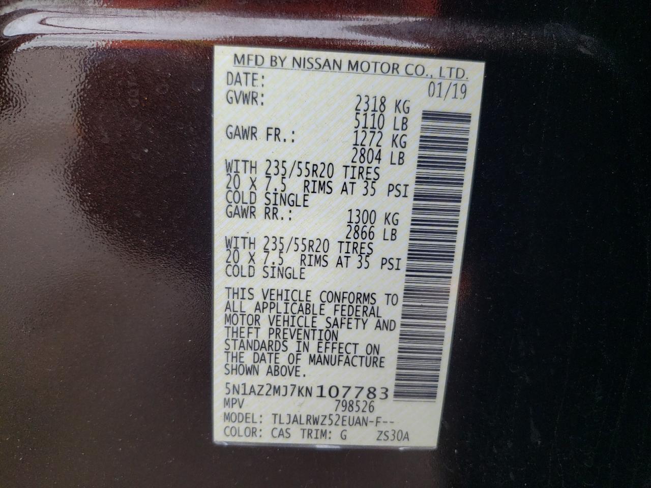 2019 Nissan Murano S VIN: 5N1AZ2MJ7KN107783 Lot: 65980434