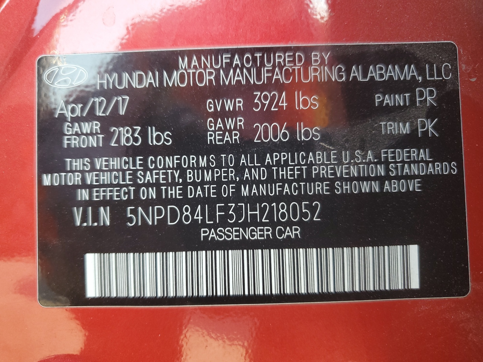 5NPD84LF3JH218052 2018 Hyundai Elantra Sel