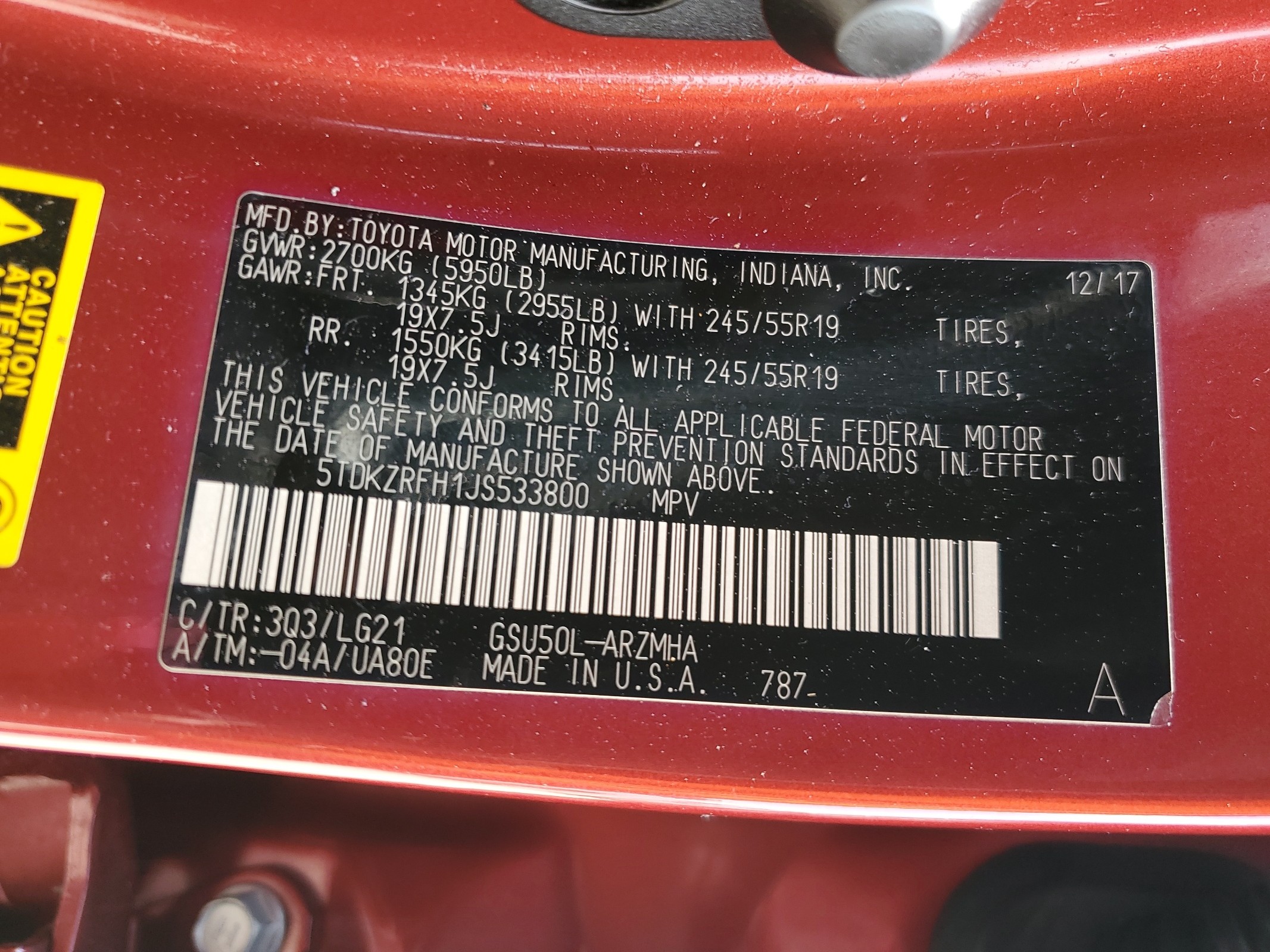 5TDKZRFH1JS533800 2018 Toyota Highlander Se