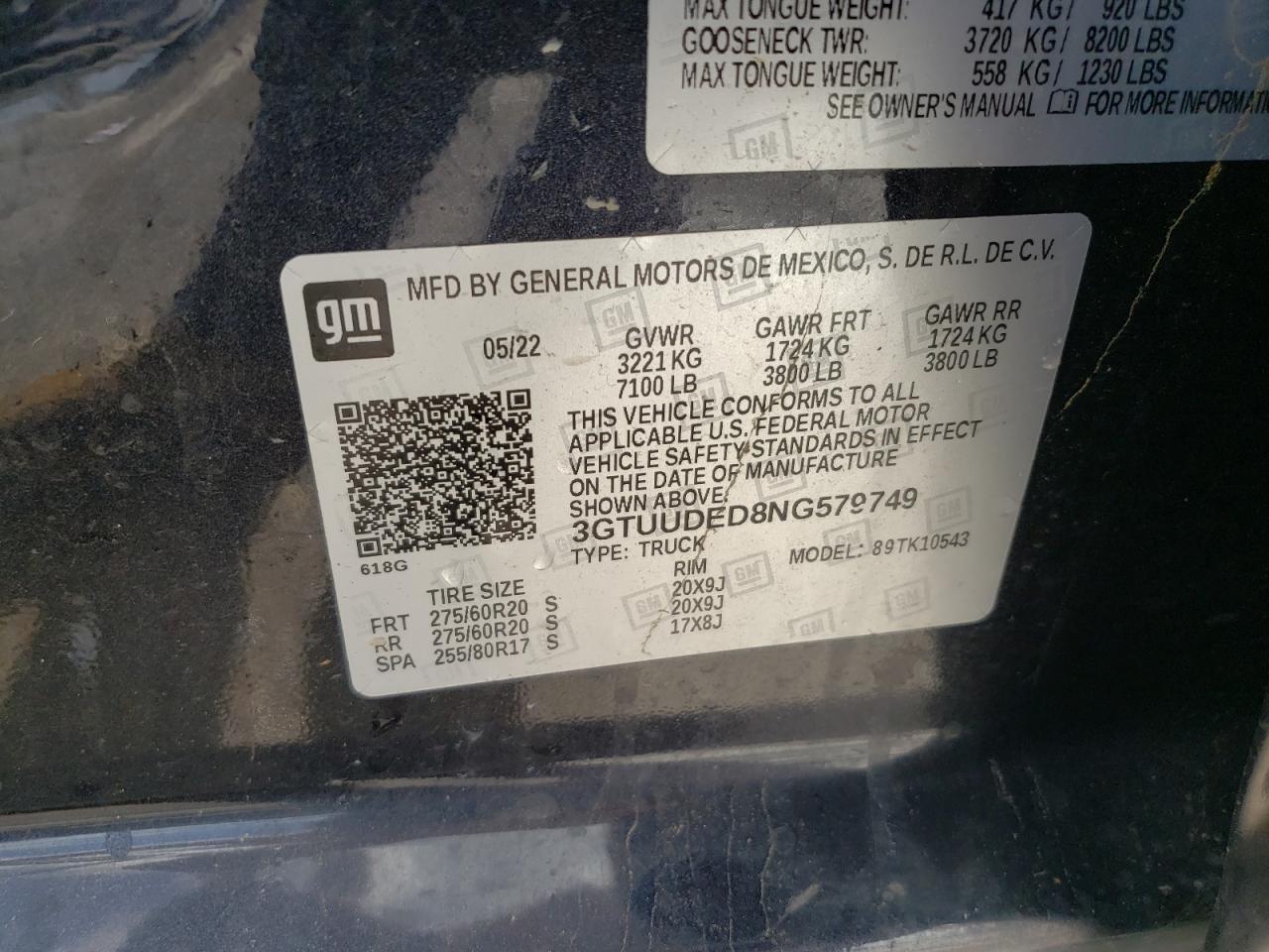 3GTUUDED8NG579749 2022 GMC Sierra K1500 Slt