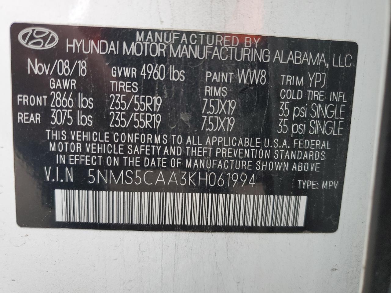 5NMS5CAA3KH061994 2019 Hyundai Santa Fe Limited