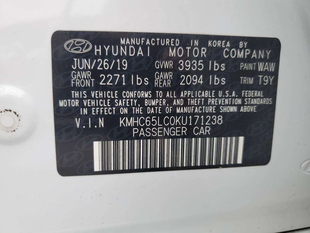 2019 Hyundai Ioniq Blue VIN: KMHC65LC0KU171238 Lot: 66186384