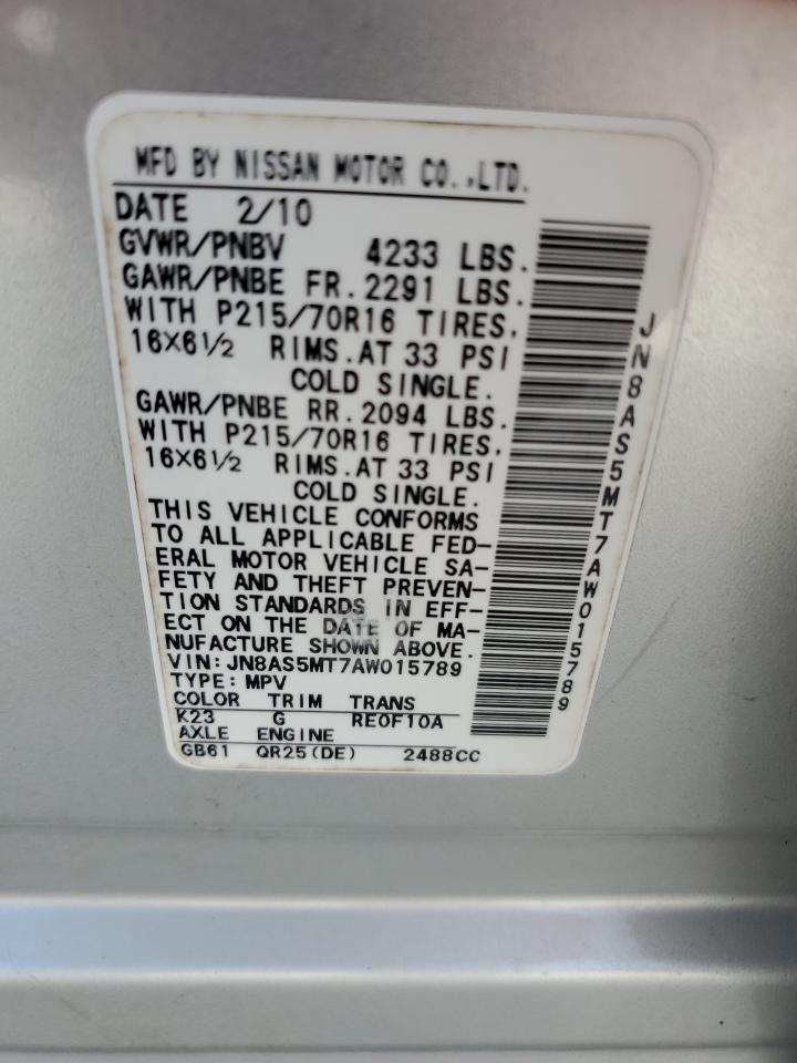 2010 Nissan Rogue S VIN: JN8AS5MT7AW015789 Lot: 67326674