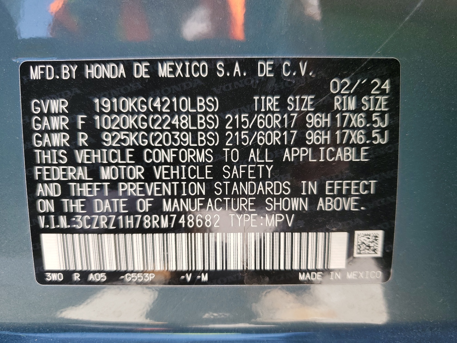 3CZRZ1H78RM748682 2024 Honda Hr-V Exl