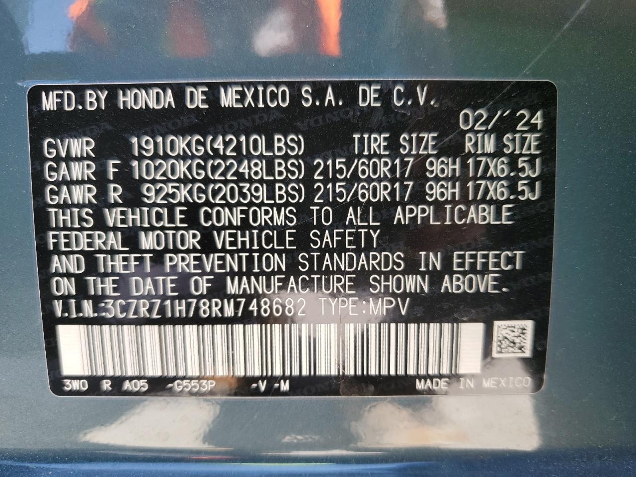 2024 Honda Hr-V Exl VIN: 3CZRZ1H78RM748682 Lot: 68367684