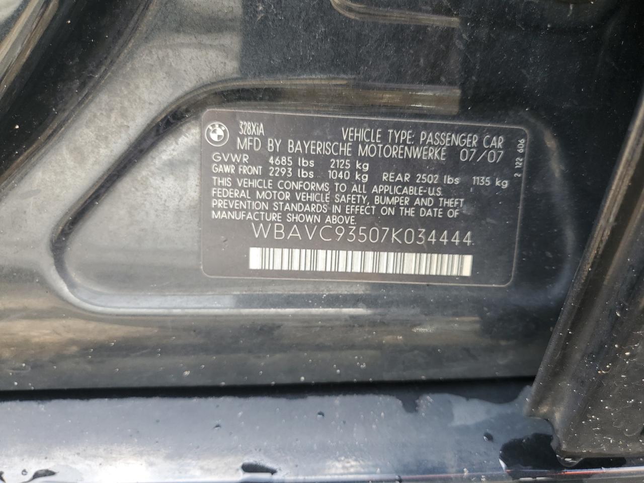 2007 BMW 328 Xi VIN: WBAVC93507K034444 Lot: 68720564