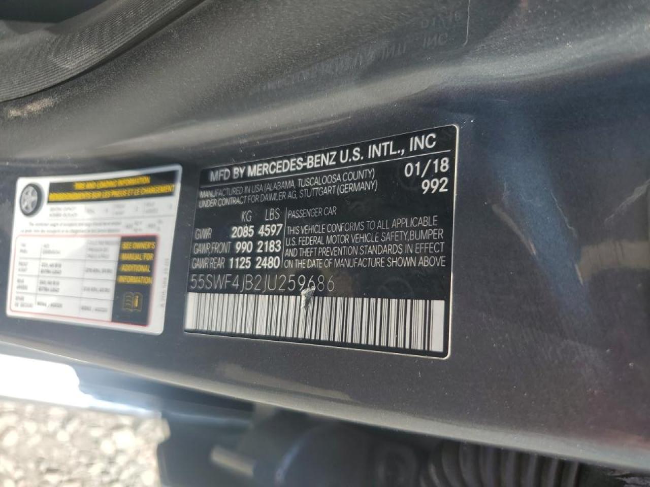 2018 Mercedes-Benz C 300 VIN: 55SWF4JB2JU259686 Lot: 67173344