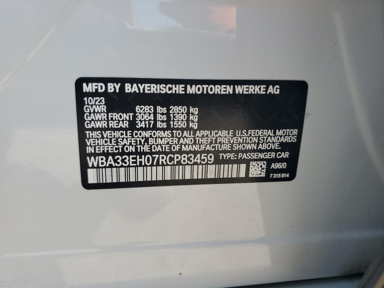 2024 BMW 740 Xi VIN: WBA33EH07RCP83459 Lot: 62302554