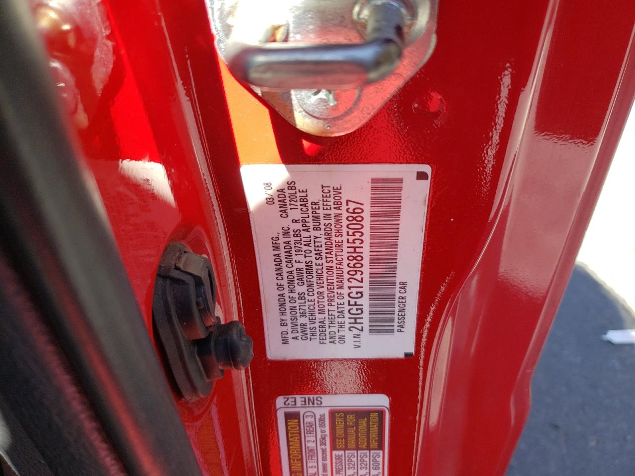 2008 Honda Civic Exl VIN: 2HGFG12968H550867 Lot: 68843124