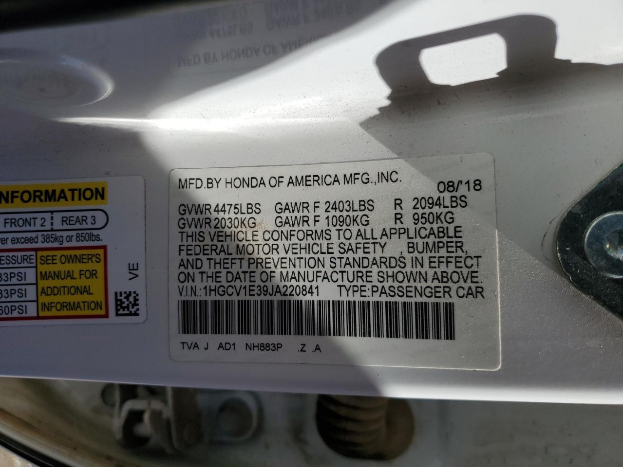 1HGCV1E39JA220841 2018 Honda Accord Sport