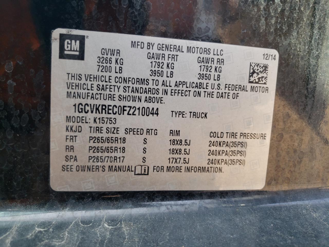 1GCVKREC0FZ210044 2015 Chevrolet Silverado K1500 Lt