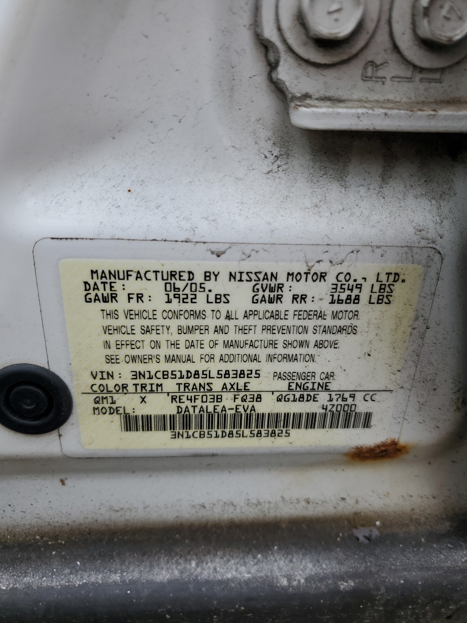 3N1CB51D85L583825 2005 Nissan Sentra 1.8