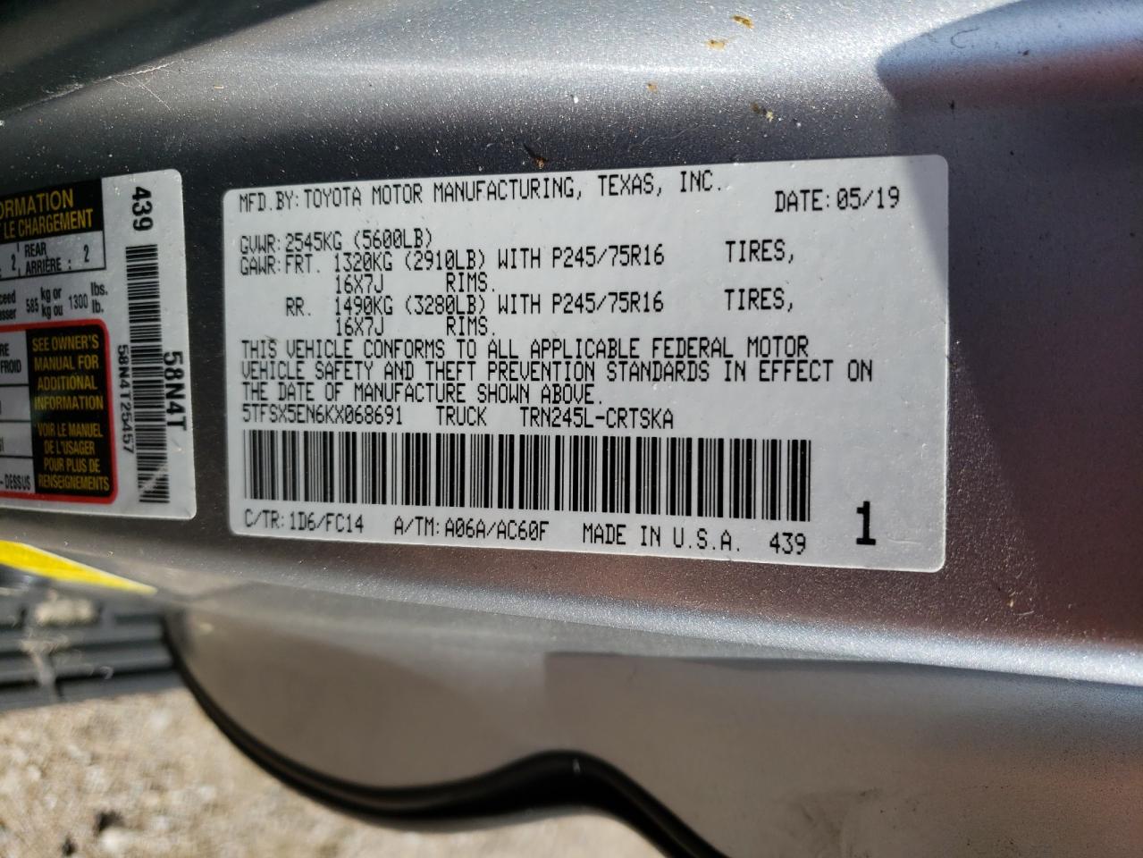 2019 Toyota Tacoma Access Cab VIN: 5TFSX5EN6KX068691 Lot: 69113444