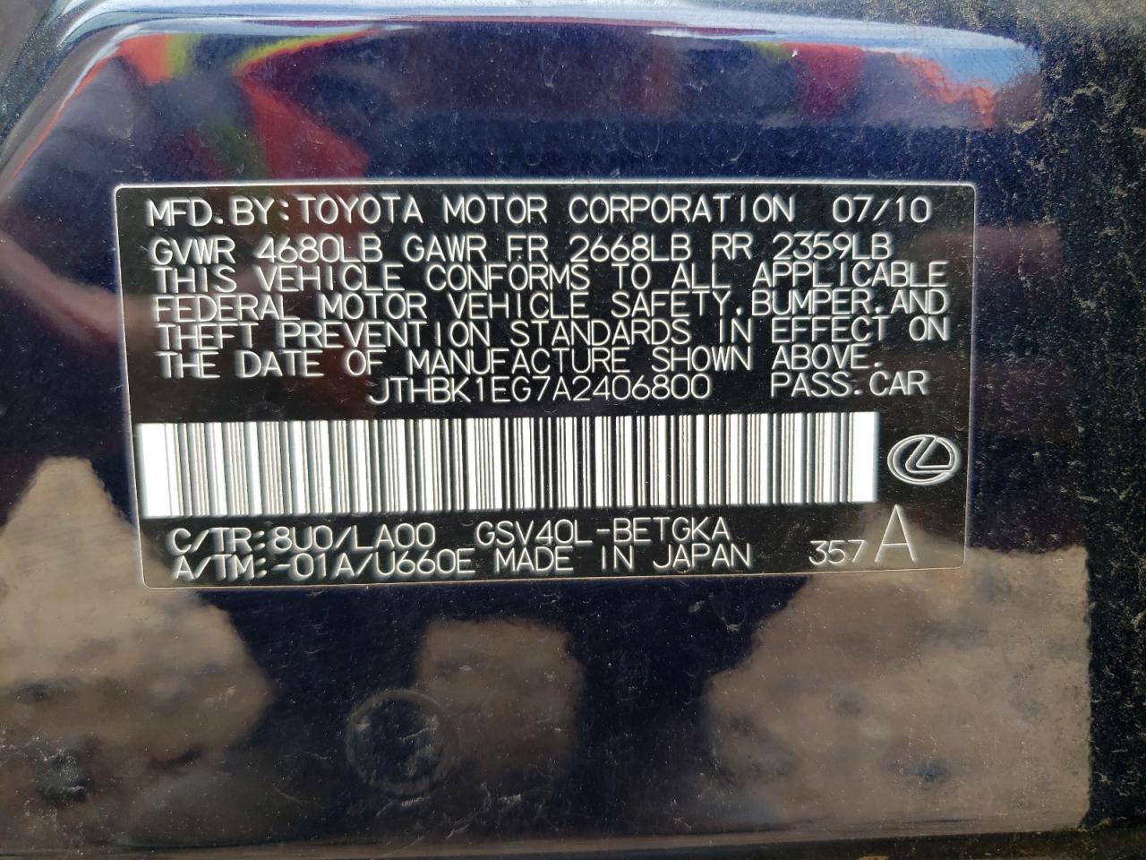 2010 Lexus Es 350 VIN: JTHBK1EG7A2406800 Lot: 68096804