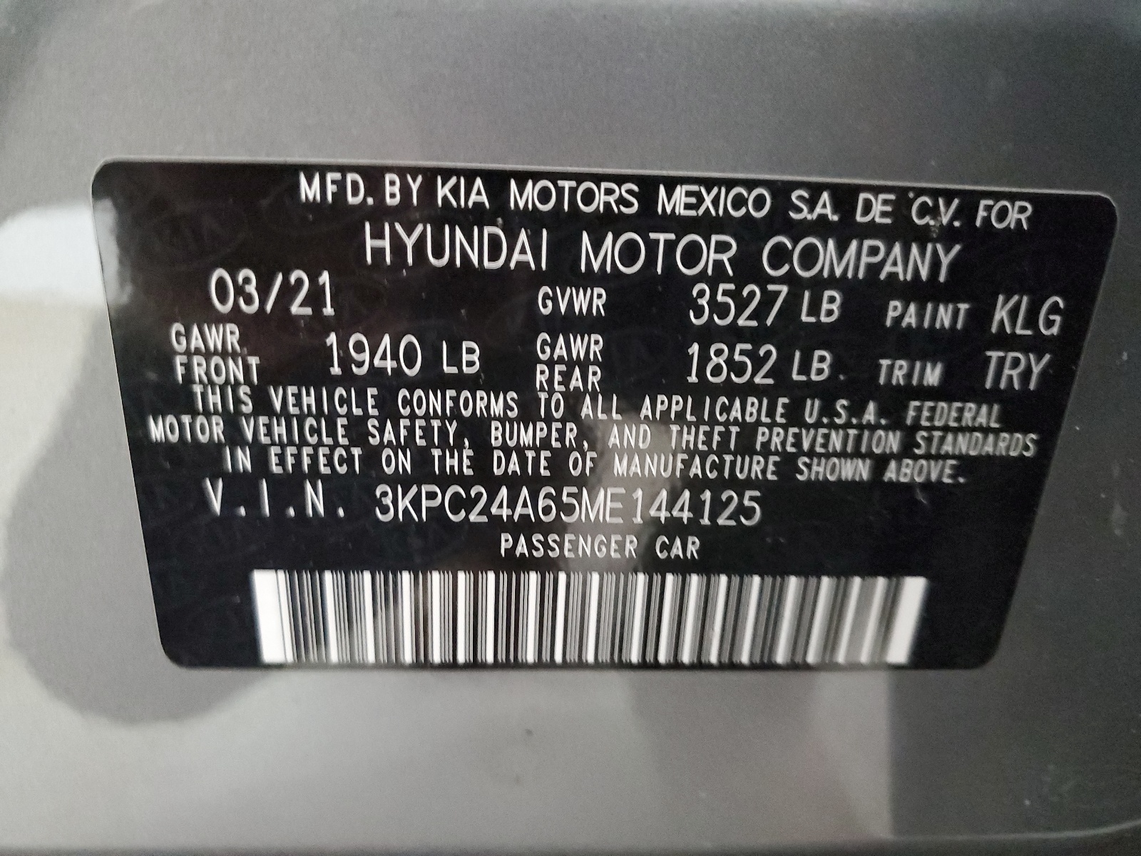 3KPC24A65ME144125 2021 Hyundai Accent Se