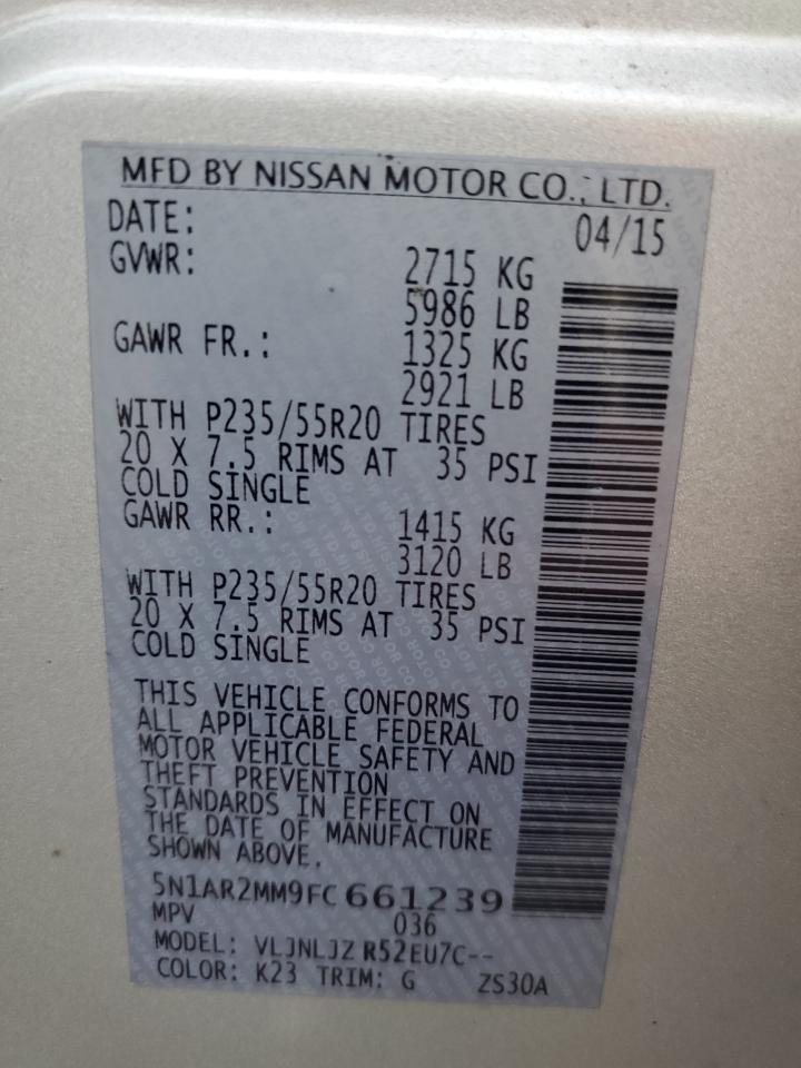 2015 Nissan Pathfinder S VIN: 5N1AR2MM9FC661239 Lot: 69508944