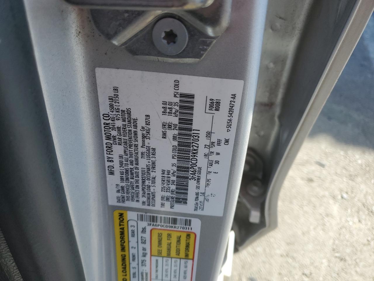 3FA6P0CD9KR270311 2019 Ford Fusion Sel