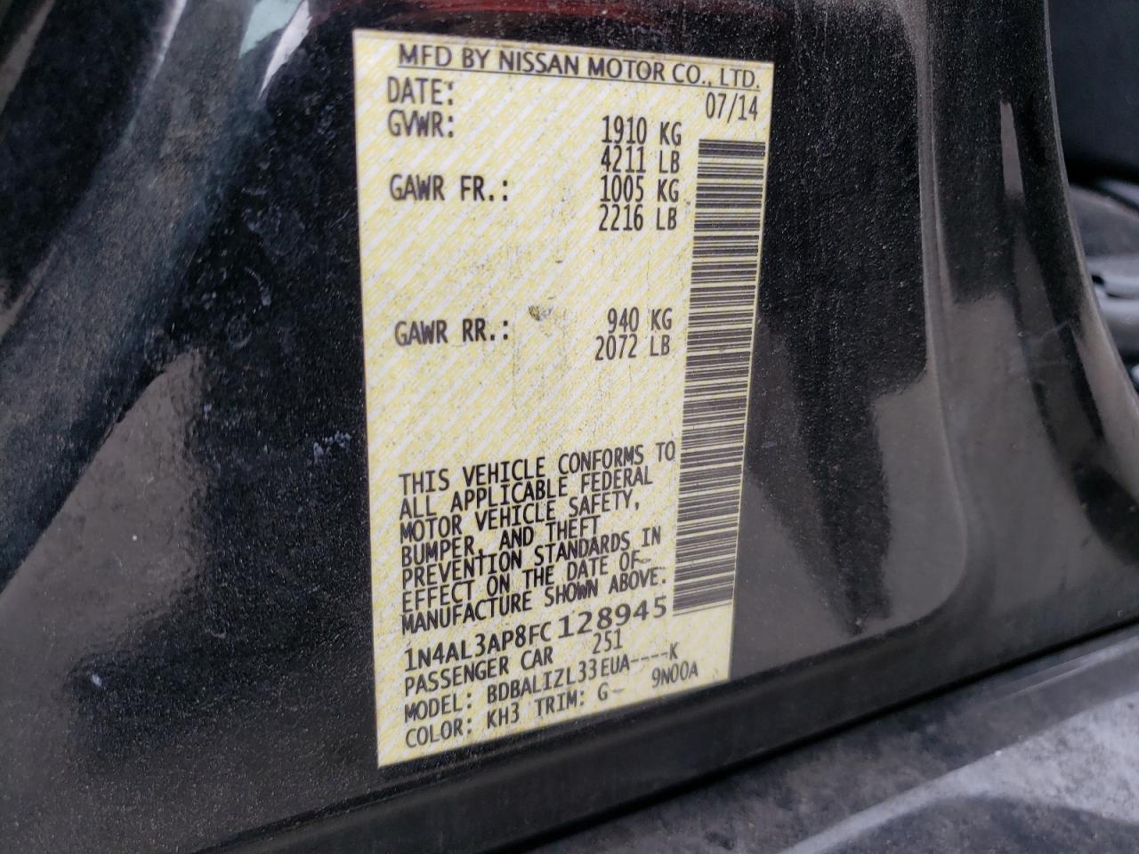 2015 Nissan Altima 2.5 VIN: 1N4AL3AP8FC128945 Lot: 67601904