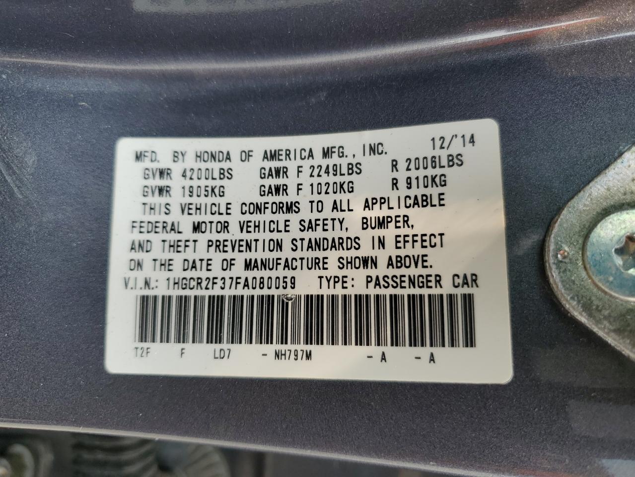 1HGCR2F37FA080059 2015 Honda Accord Lx