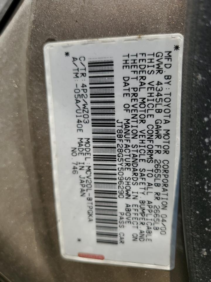 2000 Lexus Es 300 VIN: JT8BF28G5Y5096290 Lot: 66721034