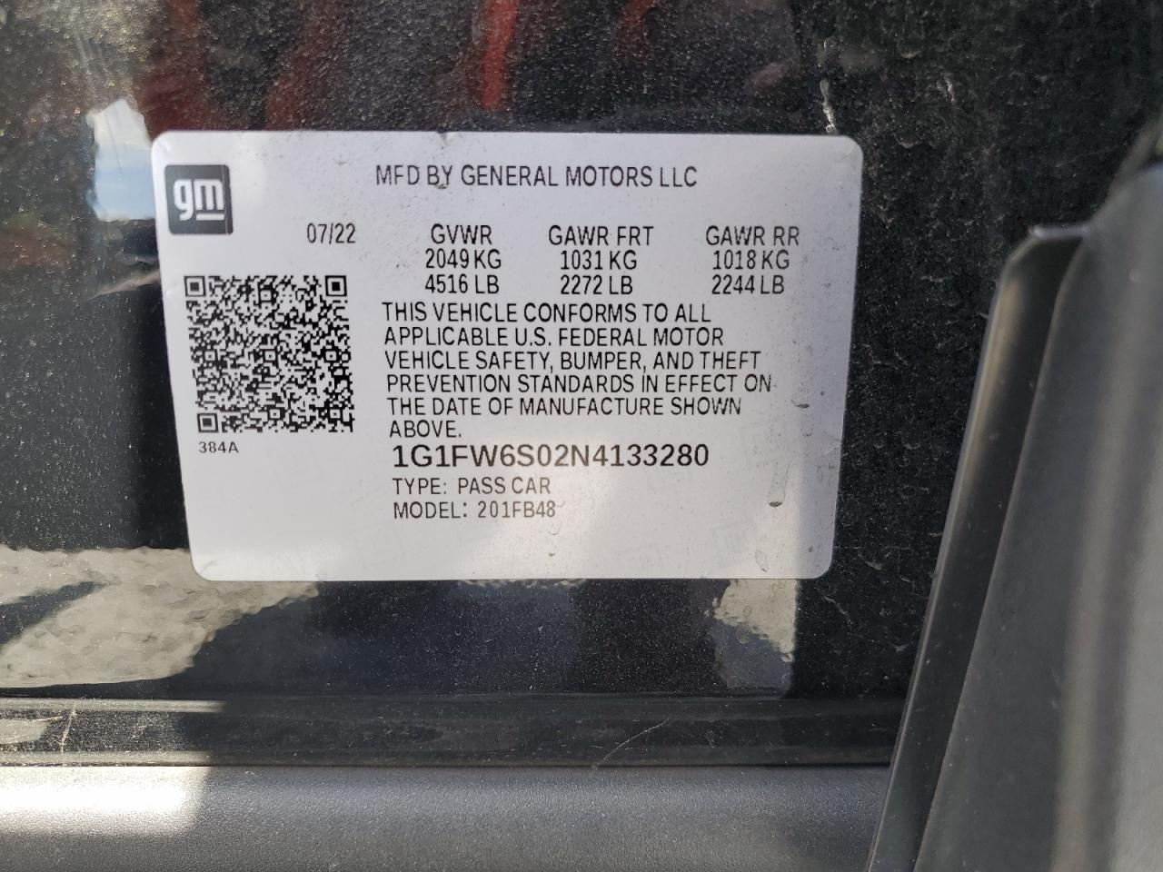 2022 Chevrolet Bolt Ev 1Lt VIN: 1G1FW6S02N4133280 Lot: 66155864