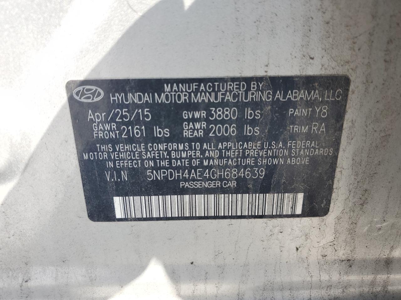 2016 Hyundai Elantra Se VIN: 5NPDH4AE4GH684639 Lot: 66484564